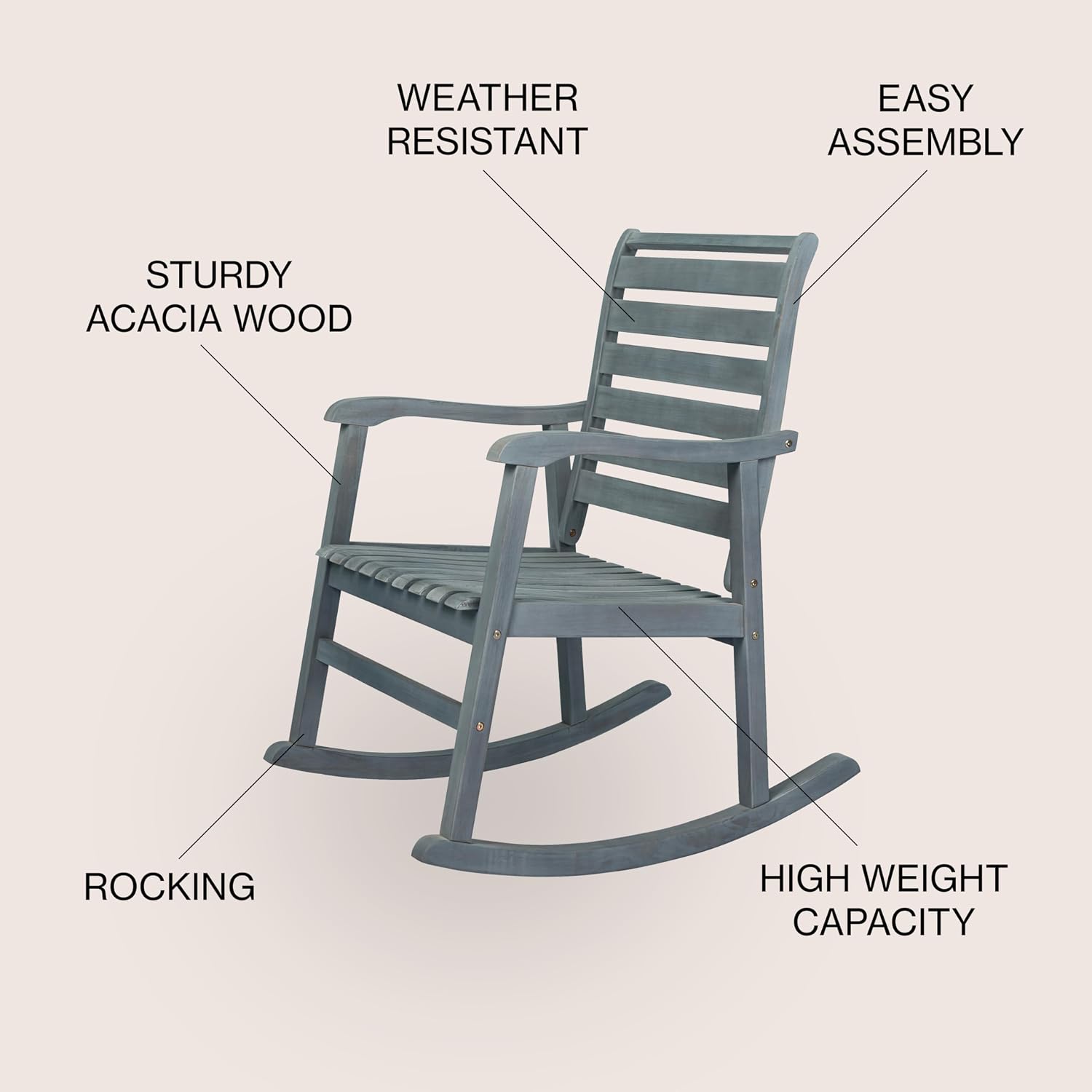JONATHAN Y RCK101B Carey Modern Slat-Back 300-Lbs Support Acacia Wood Patio Outdoor Rocking Chair for Garden, Lawn, Backyard, Pool, Deck, Beach, Firepit, Gray