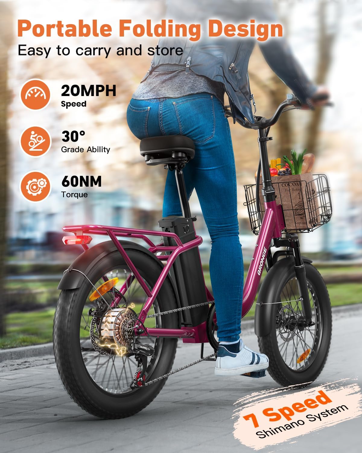 QRONGE Electric Bike, 1000W Peak Folding Electric Bike, 486Wh 70 Miles Range Ebike, 20' Step-Thru Bicycle with Front Basket, Waterproof Removable Battery, 7 Speed, 25 MPH Max, Rose Red