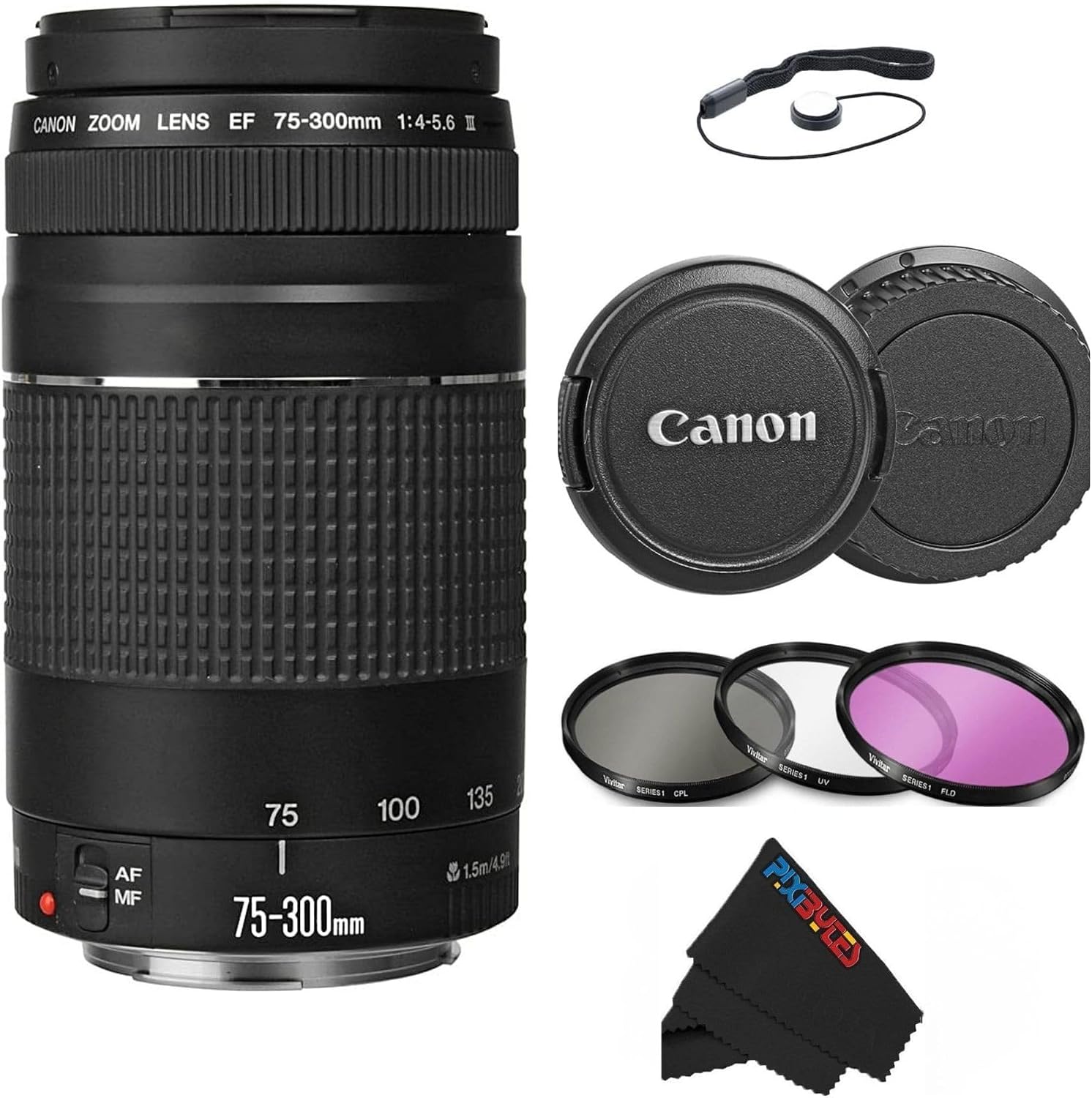 Canon EF 75-300mm f/4-5.6 III Telephoto Zoom Lens for Canon SLR Cameras, 6473A003 (Renewed) (Lens w/Pixibytes Advanced Bundle)