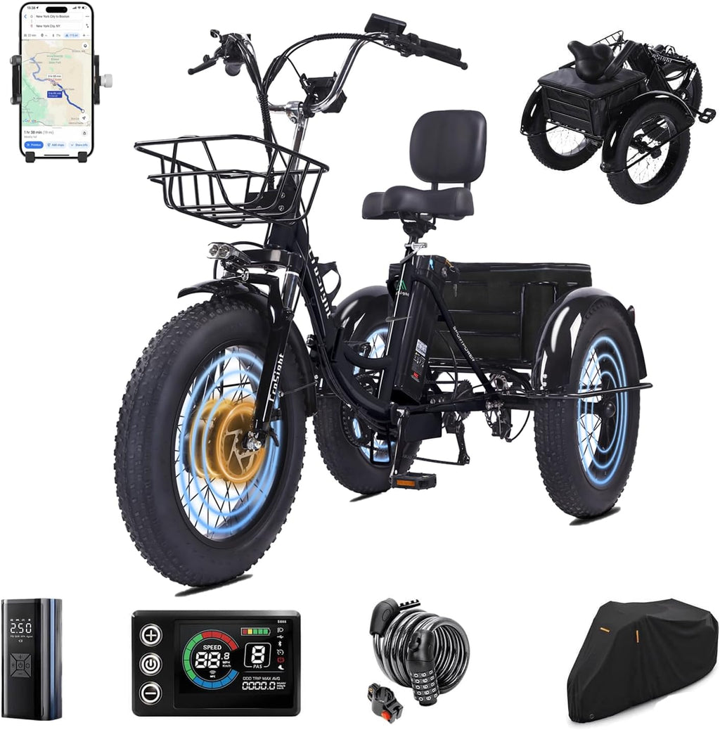 2.0 Electric Tricycle for Adults, 20'x4' Fat Tire Folding Electric Trike, 750W 48V 20.8Ah Long-Range Battery, Built-in Speaker, USB Port, 20MPH 75KM 7 Speed, 3 Wheel E-Trike