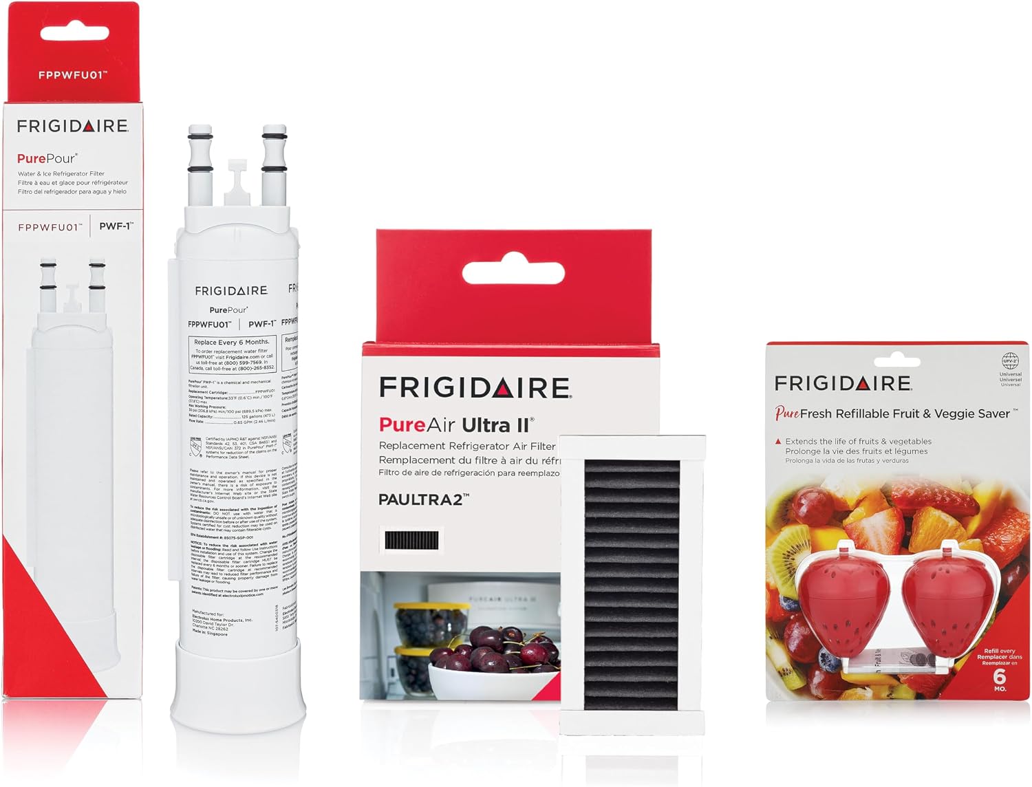 Frigidaire PurePour PWF-1 (FPPWFU01) & PureAir Ultra II (PAULTRA2) & PureFresh (FRPFUFV2) Water & Air Filter Combo Kit (Pack of 6)