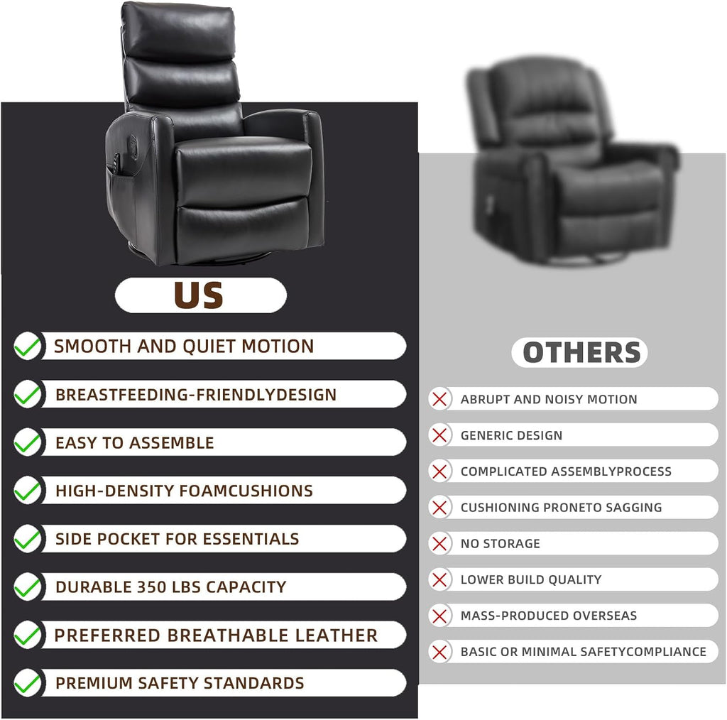 PELUMY 360° Swivel Rocker Recliner with Heat & Vibration Massage, Glider Rocking Chair for Adults, Compact Recliner for Living Room, Small Spaces, Nursery, Bedroom (Breathable Leather, Black)