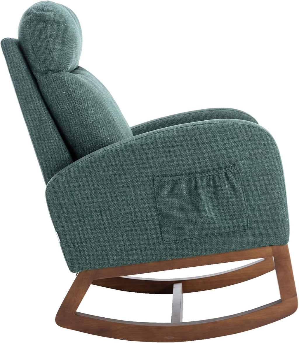 Modern Rocking Chair with Breathable Yellow Linen & Solid Wood Legs - Recliner Glider Armchair Featuring Side Pocket, High Back Support for Nursery, Living Room, Bedroom (Emerald)