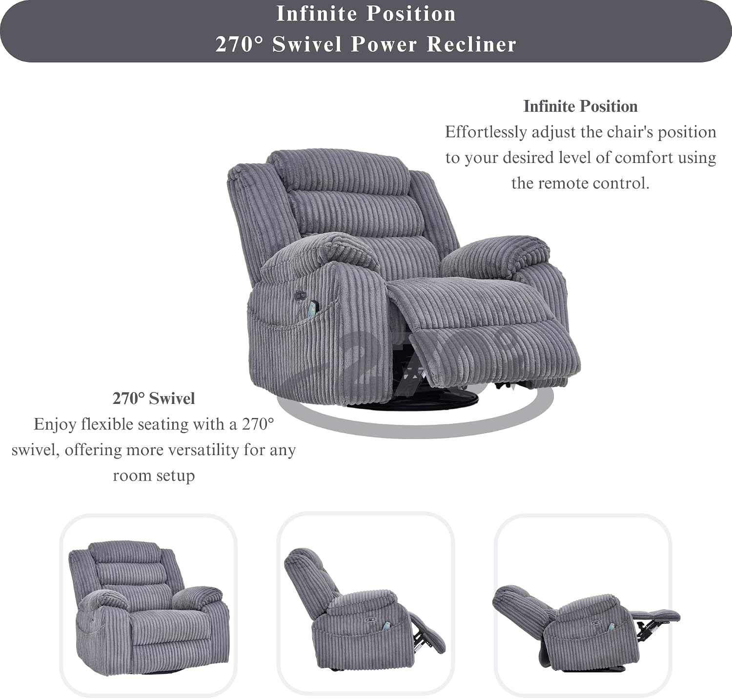 JUUXO Extra Wide Power Swivel Rocking Recliner for Adults with Heat Massage, USB & Type-C Charging, Electric Glider Rocker Chair for Living Room Nursery Bedroom Office