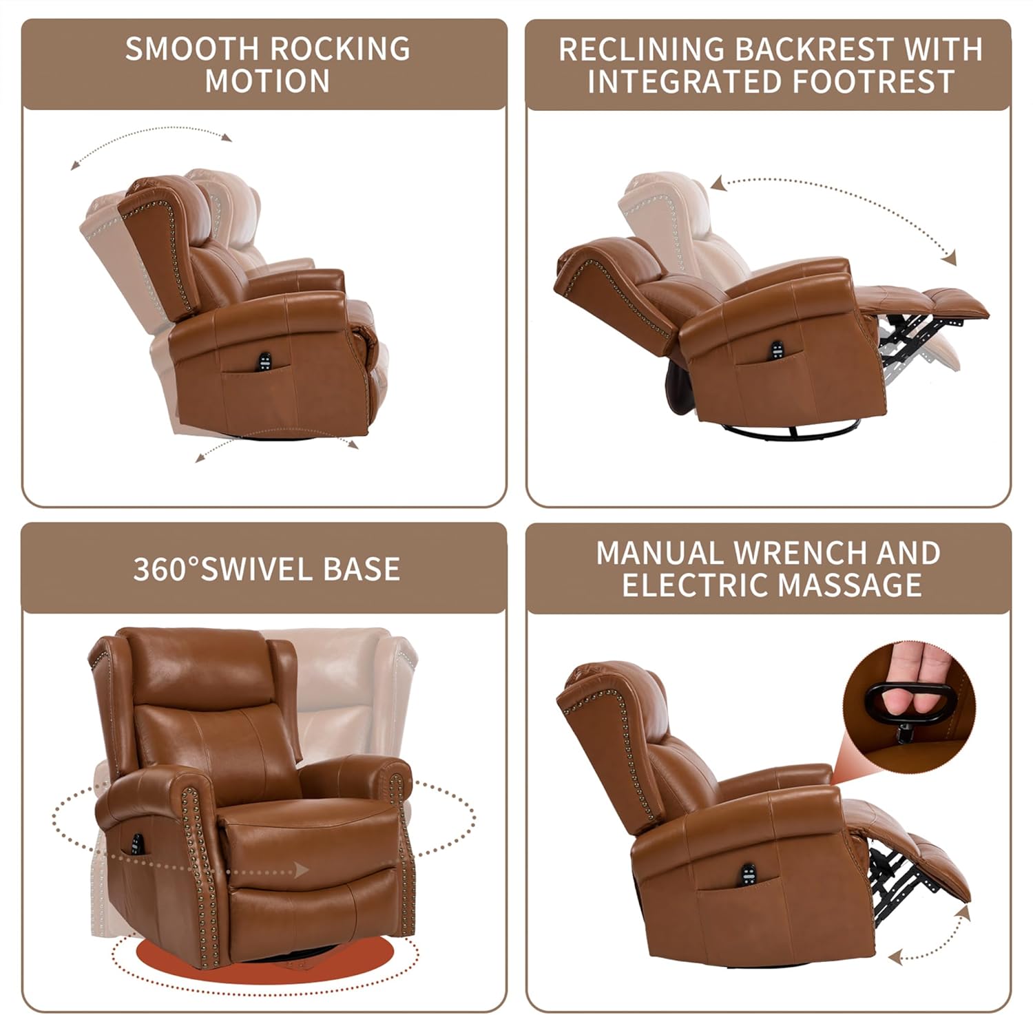 PELUMY Genuine Leather Swivel Rocking Recliner Chair for Adults, 360° Swivel Glider Rocker with Heat & Vibrating Massage, Lounge Chair for Living Room, Bedroom, Nursery (Earth Yellow)