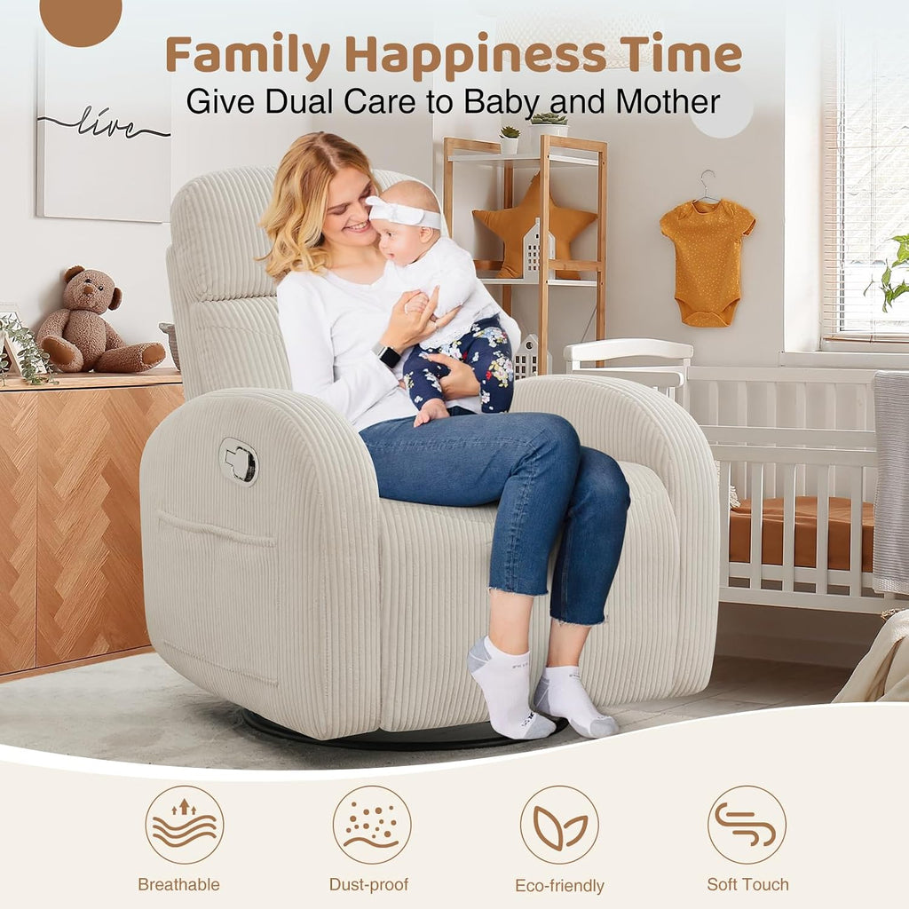 Swivel Recliner Rocker Nursery, Nursering Glider Recliner, Manual Swivel Rocking Reclining with Double Pockets for Living Room, Corduroy Cream White