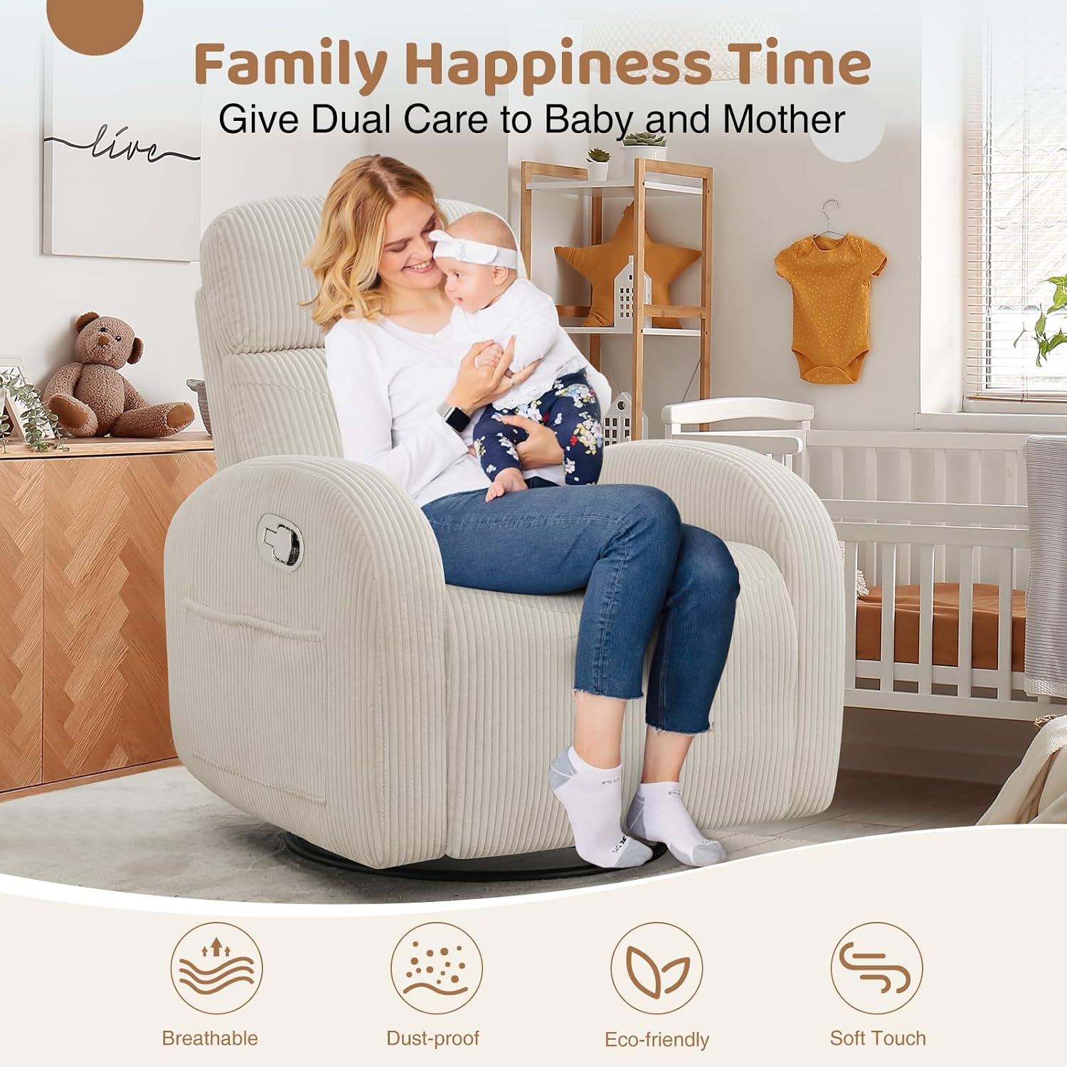 Swivel Recliner Rocker Nursery, Nursering Glider Recliner, Manual Swivel Rocking Reclining with Double Pockets for Living Room, Corduroy Cream White