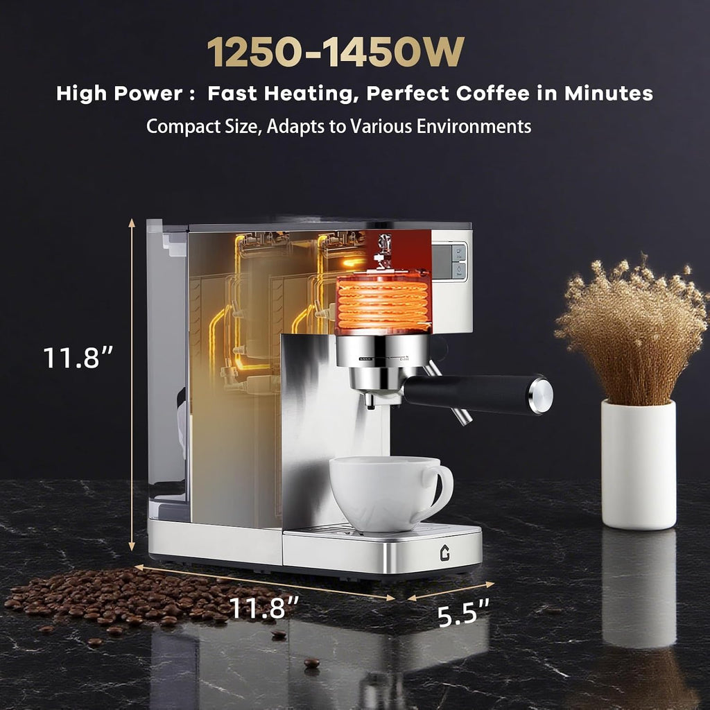Espresso Machine, 20 Bar Coffee Maker with Steam Wand, Removable Water Tank, Compact Design, Automatic Cappuccino and Latte Maker for Home and Office