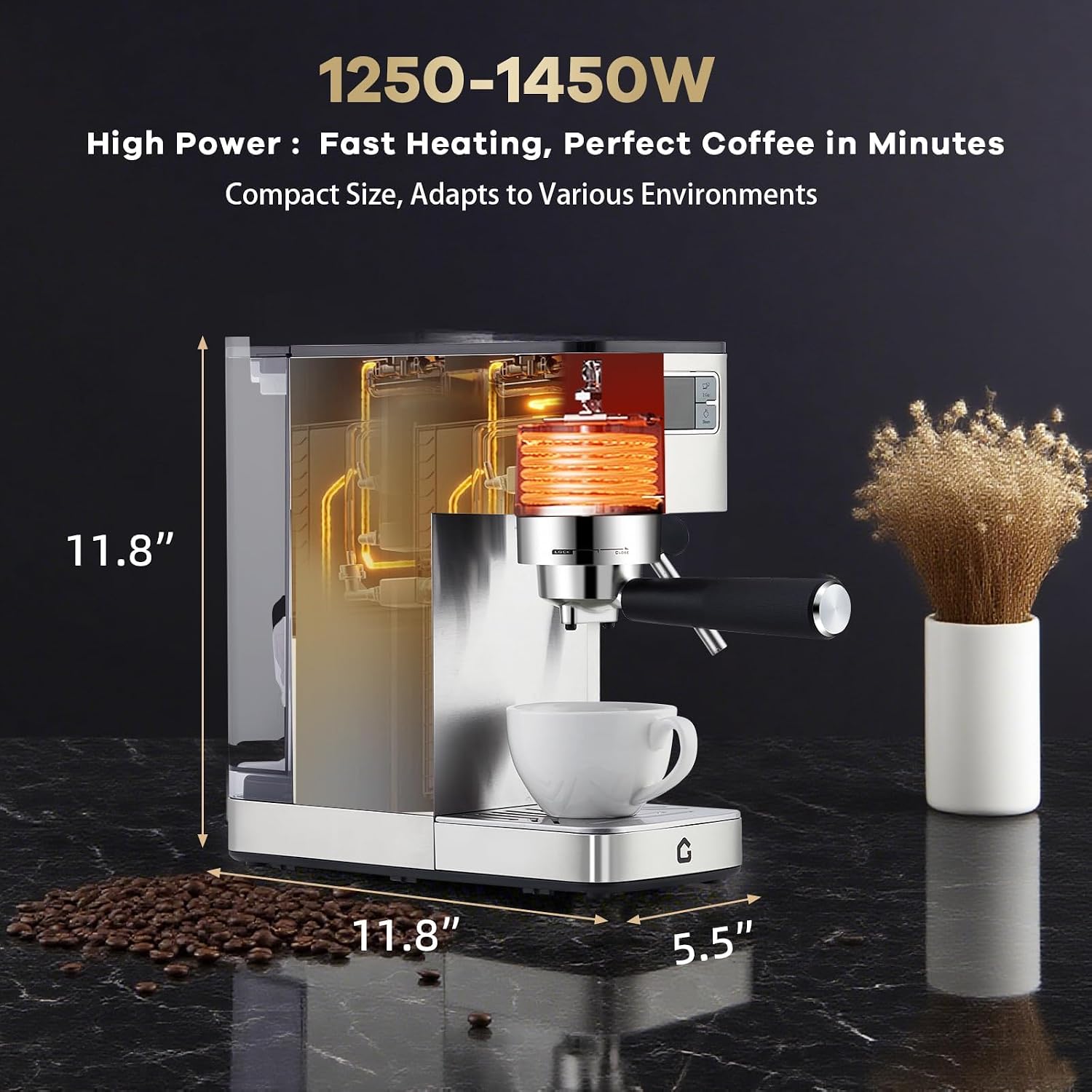 Espresso Machine, 20 Bar Coffee Maker with Steam Wand, Removable Water Tank, Compact Design, Automatic Cappuccino and Latte Maker for Home and Office