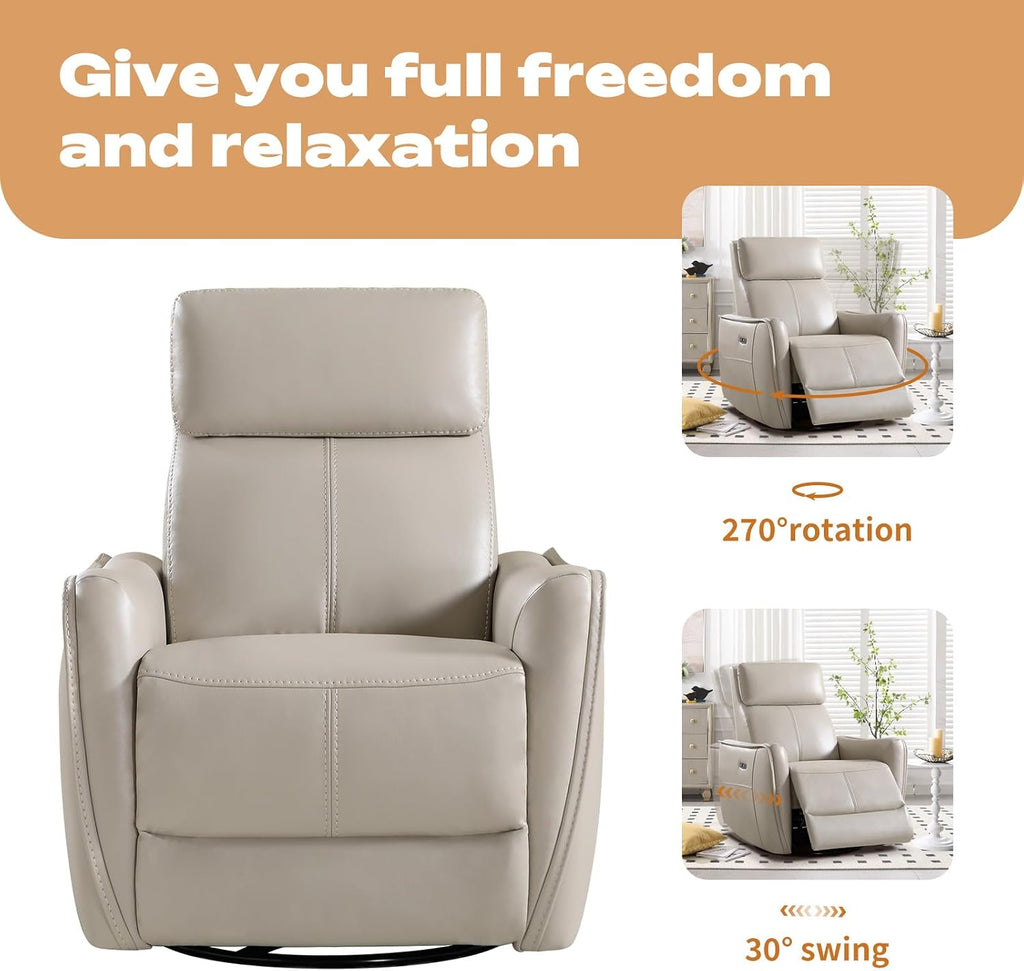 CANMOV Power Swivel Rocker Recliner Chair, Electric Swivel Glider Rocker Recliner for Nursery, Faux Leather Upholstered Rocking Reclining Chair with USB Port for Living Room,Grey
