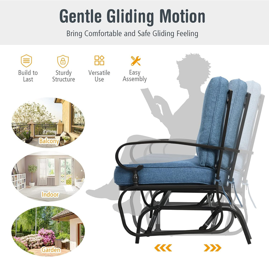 Giantex Outdoor Glider Bench, Patio Loveseat with Cushions, 440 Lbs Capacity, 2-Person Outdoor Rocking Chair, Porch Glider Swing for Garden, Backyard, Poolside, Patio Seating Rocker (Navy)