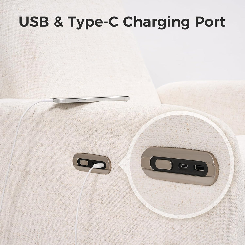 Nursery Rocking Chairs, 270° Oversized Power Swivel Glider Rocker Recliner w/USB & Type-C Charging Port, Rotating Rocking Reclining Nursing Chair for Breastfeeding, Living Room,Bedroom,White