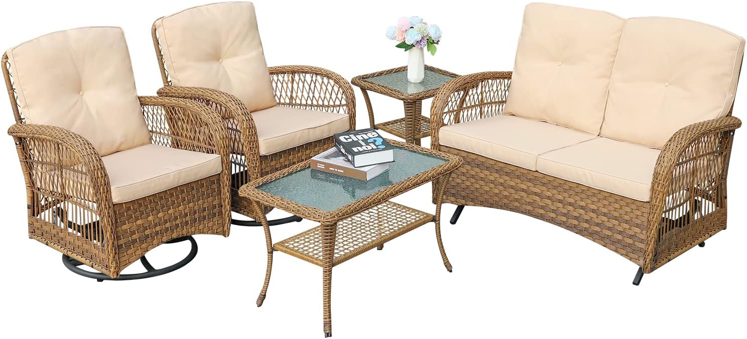VIVIJASON 5-Piece Outdoor Patio Wicker Conversation Sets, All Weather Outdoor Rattan Furniture Set Includes Glider Loveseat, 2 Coffee Table, 2 Swivel-Gliders Chairs with Cushions, Light Brown