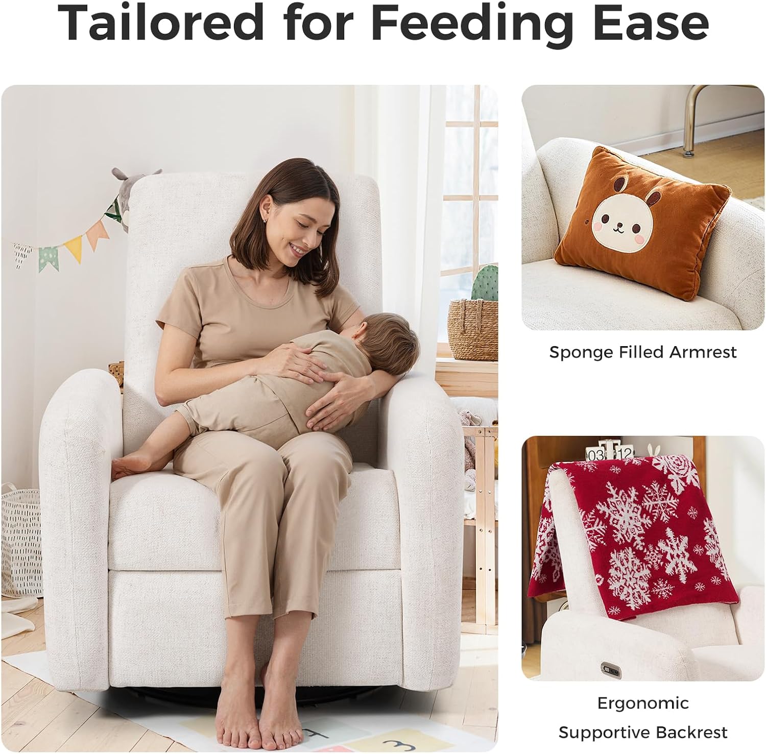 Nursery Rocking Chairs, 270° Oversized Power Swivel Glider Rocker Recliner w/USB & Type-C Charging Port, Rotating Rocking Reclining Nursing Chair for Breastfeeding, Living Room,Bedroom,White