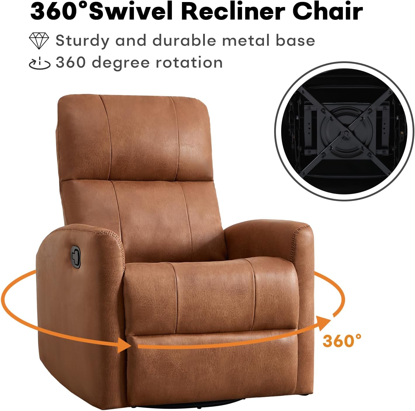 HAOMARKETS Swivel Rocker Recliner Chair, Manual Faux Leather Glider Rocking Recliners for Adults, 360° Swivel Nursery Reclining Sofa with Padded Backrest for Living Room, Dark Brown