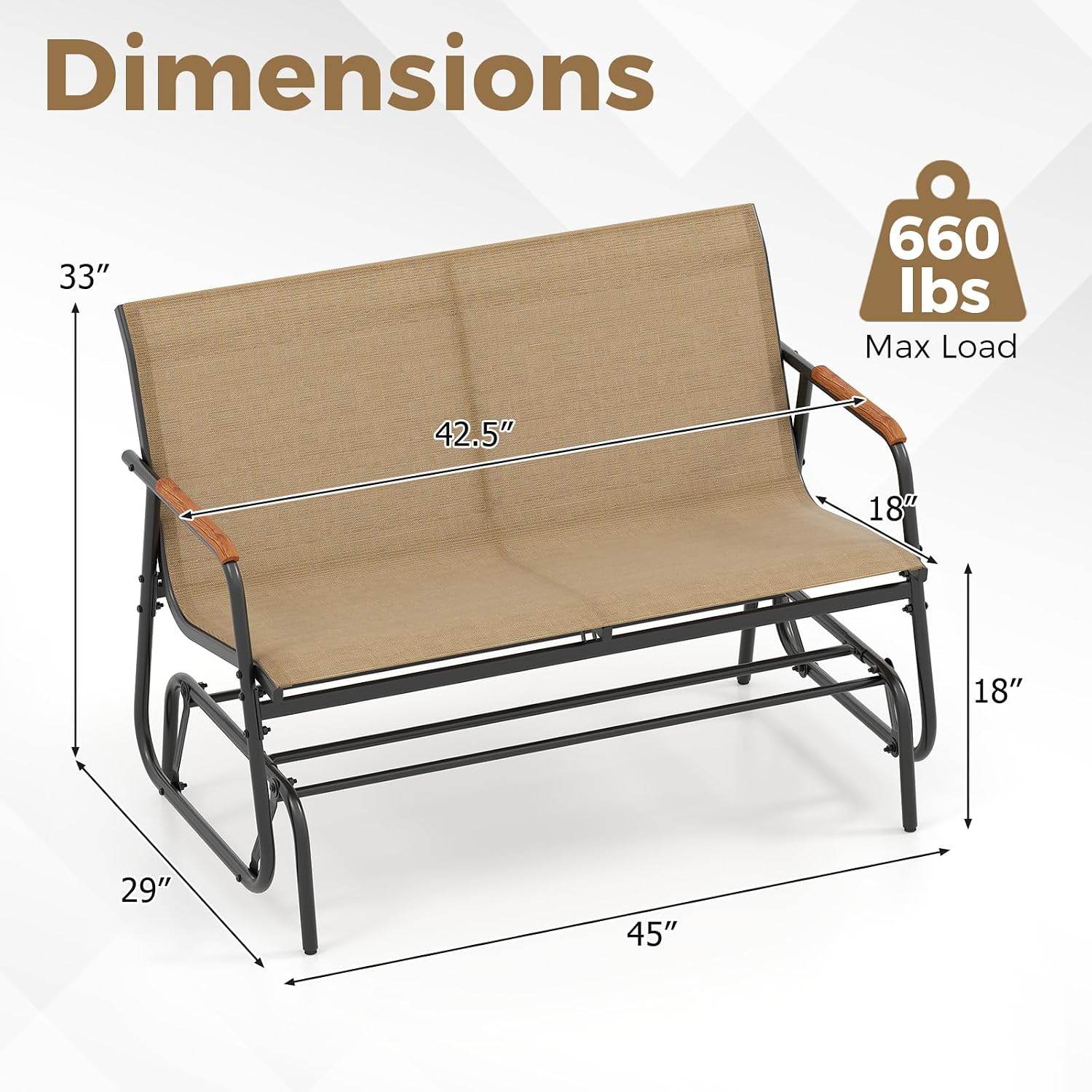 Tangkula 2-Person Outdoor Glider Bench, Patio Gliding Loveseat with Breathable Fabric Seat, Curved Teak Wood Armrests and Metal Frame, Swing Rocking Chair for Backyard, Garden, Porch, Balcony (2 Seat)