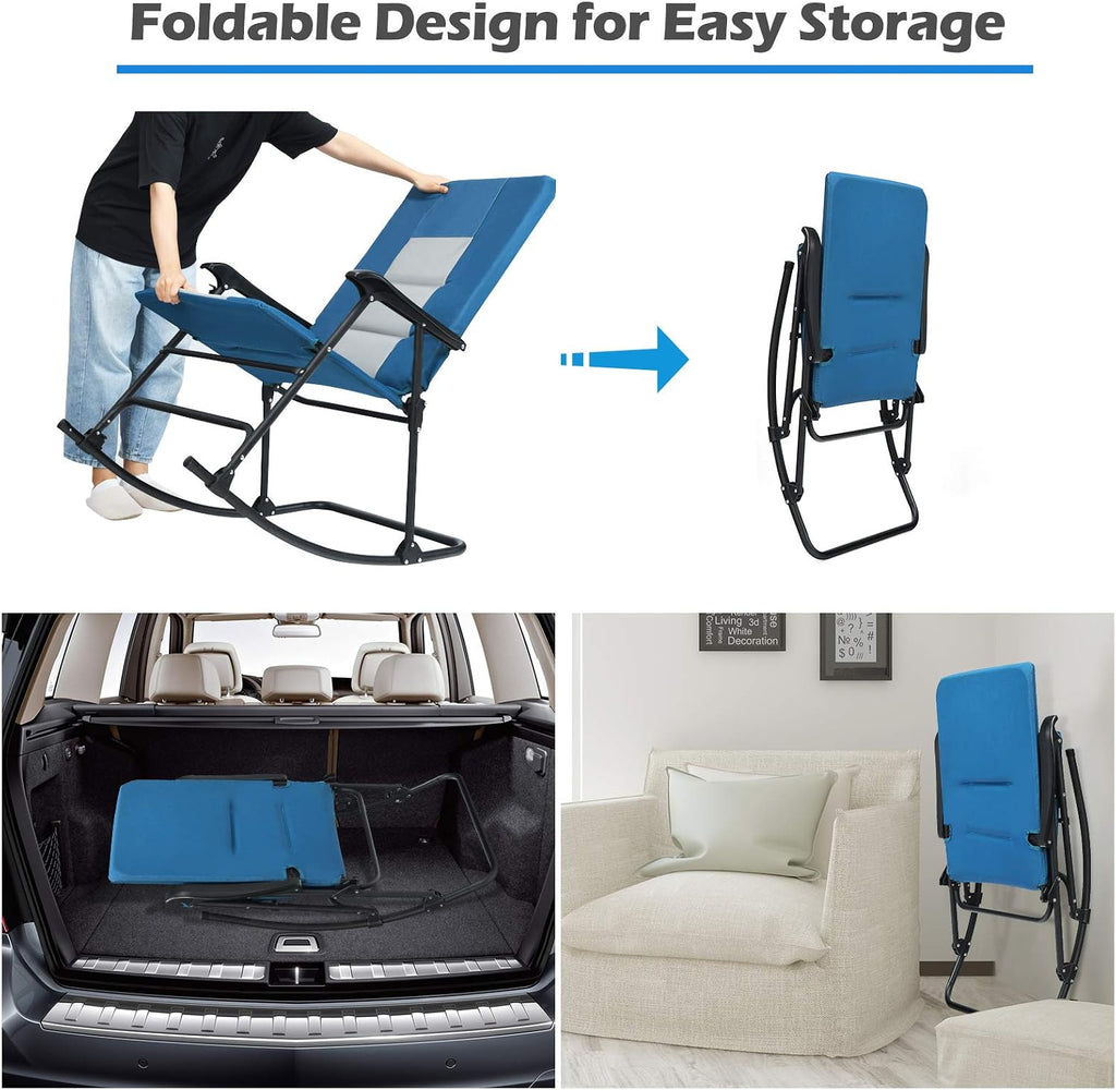 Giantex Set of 2 Camping Rocking Chairs Foldable Oversized, Padded Armrest and Seat, Portable Folding Lawn Chairs 350 lbs Weight Capacity Outdoor Use for Patio, Lawn, Backyard, Garden (Blue)