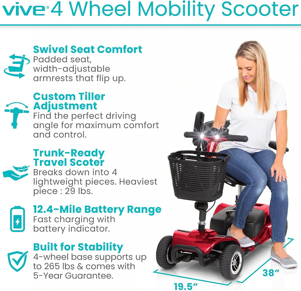 Vive 4 Wheel Mobility Scooter - Electric Powered Wheelchair Device - Compact Heavy Duty Mobile for Travel, Adults, Elderly - Long Range Power Extended Battery with Charger & Basket