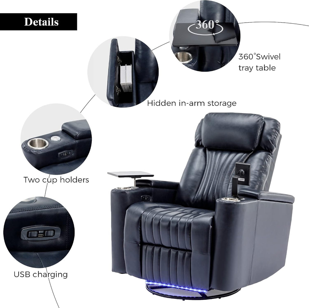 Recliner Chair, 270° Power Swivel Recliner Chair with 360° Swivel Tray Table and Cell Phone Holder, Cup Holder, Home Theater Seating with Hidden Arm Storage, Soft Living Room Chair (Blue/27)