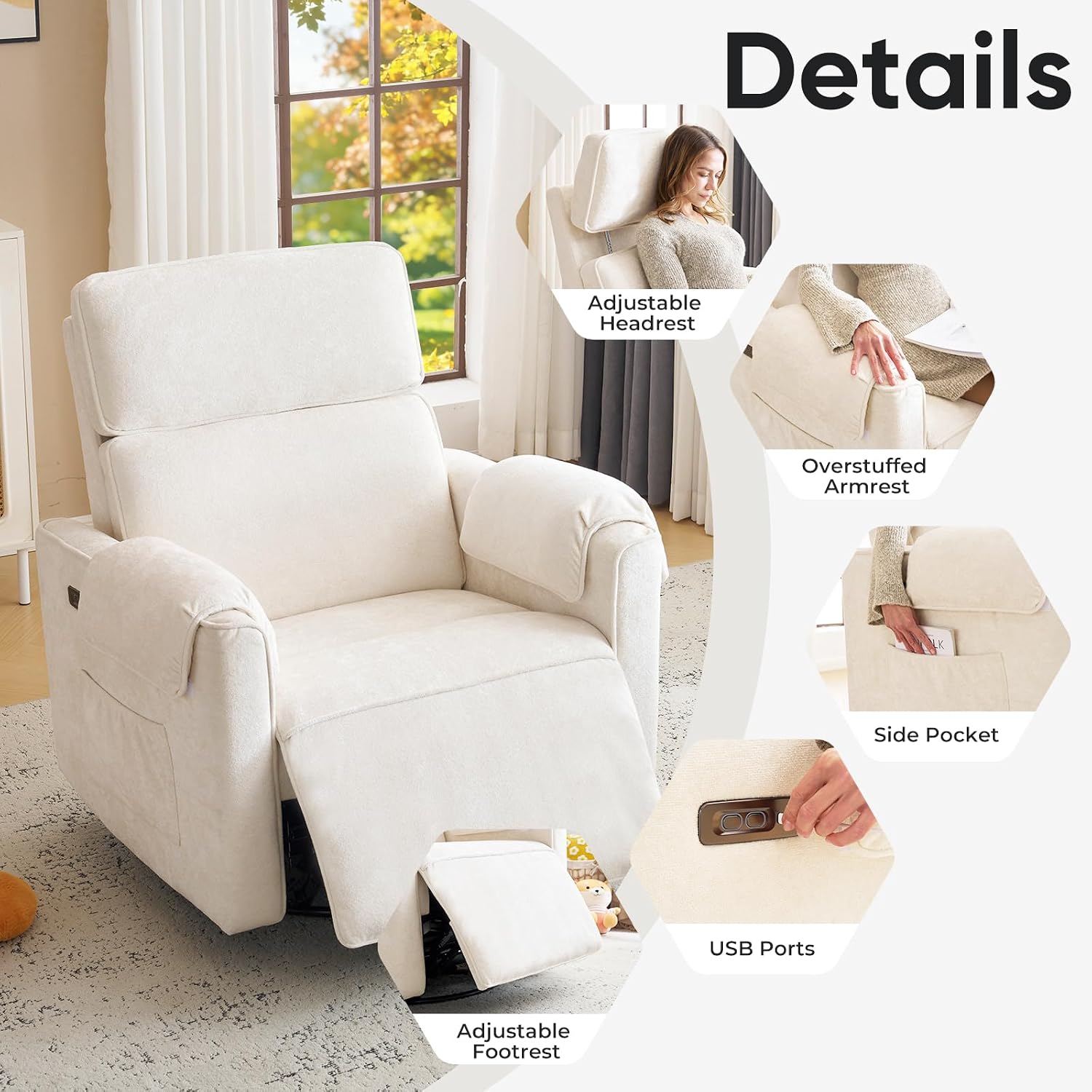 24' Extra Wide Swivel Rocker Recliner Chair with Adjustable Headrest, Oversized Power Rocker Recliner with Overstuffed Armrest, Chenille Rocking Chair Nursery with USB Ports, Cream