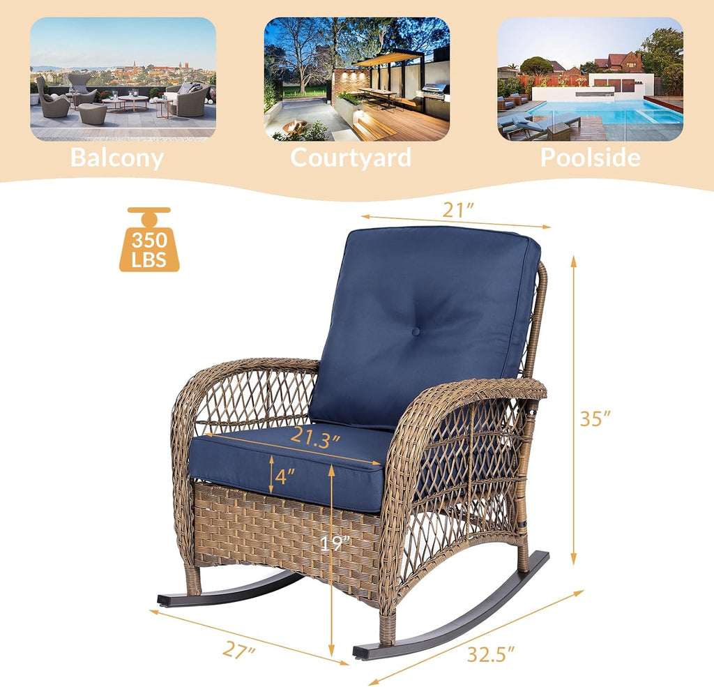 Outdoor Wicker Rocking Chair with Thickened Cushions, All-Weather Rattan Patio Rocking Chairs, Rocker Wicker Chair for Porch Garden & Backyard, Navy Blue