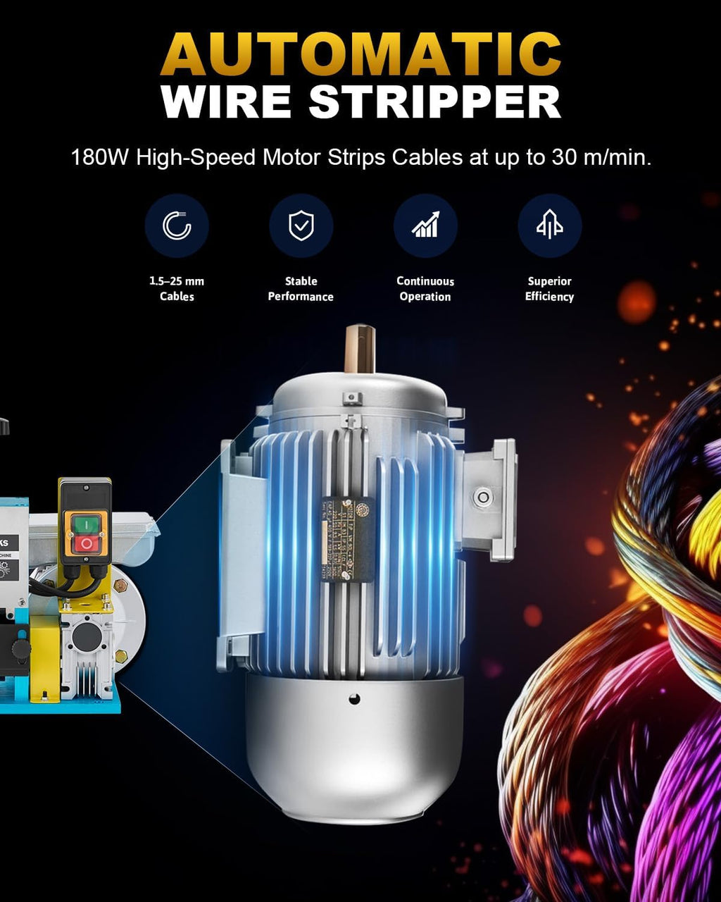 CREWORKS 180W Electric Wire Stripper Machine, 0.06'-1' Automatic Wire Stripping Machine, Wire Stripping Tool for 1.5-25 mm Scrap Wire, 5 Channel Copper Wire Stripper Tool for Leftover Cable Recycling