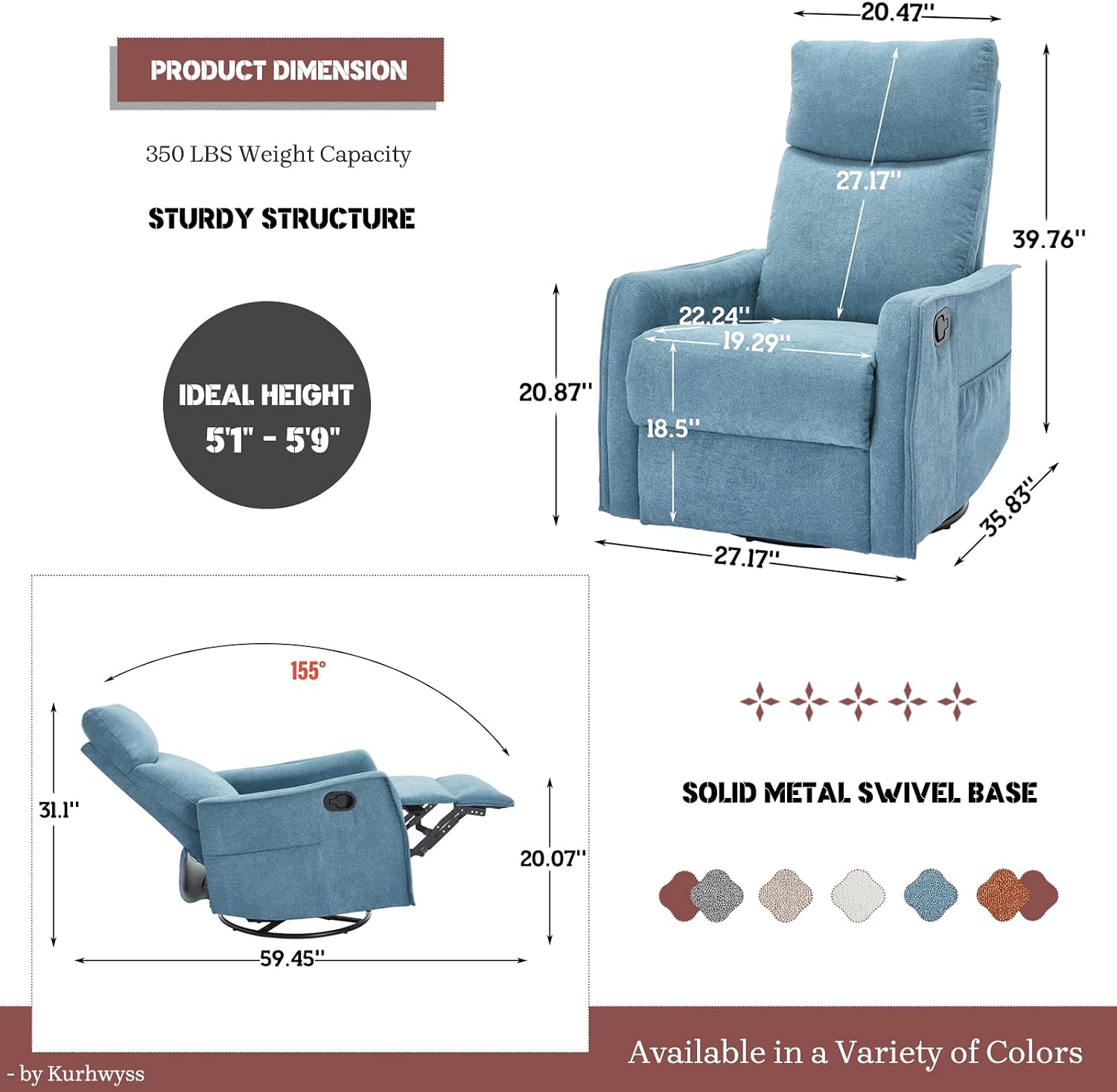 Rocking Recliner Chair with Heat and Massage, 360° Swivel Glider Rocker with Reclining Backrest and Footrest, Modern Nursery Rocking Chairs for Adults for Bedroom, Living Room, Office (Blue)