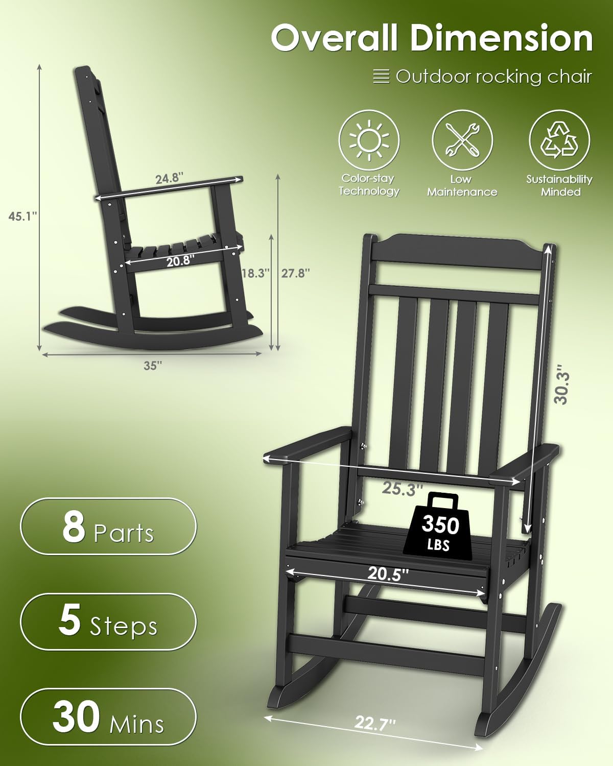 GREENVINES Outdoor-Rocking-Chairs-Set-of-4 | HDPE Plastic | Patio Rockers | Porch Rocker Chair | Oversized | High Back | Big & Tall | Black