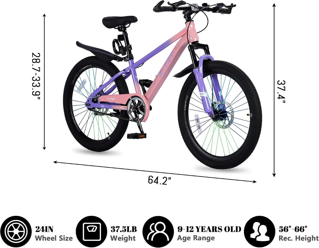 24 Inch Kids Mountain Bike for 7-12 Years Old Boys, Single Speed/7-Speed Girls Mountain Bicycle W/Suspension Fork,Adjustable Seat Height, Kids' Bicycles for Beginner Level Riders