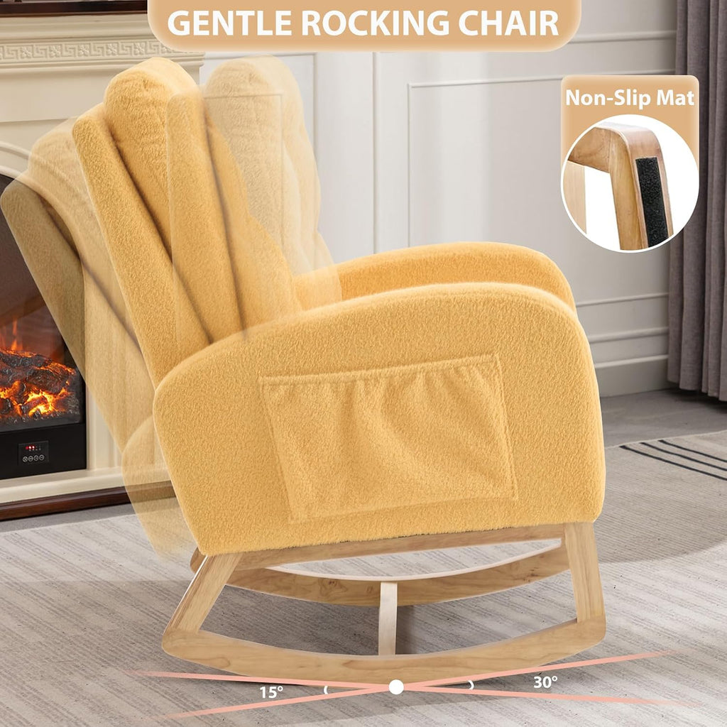 cinkehome Nursery Rocking Chair with Retractable Foot Rest, Teddy Glider Rocking Chair, Mid Century Rocker Chair, High Back, Solid Wood Legs
