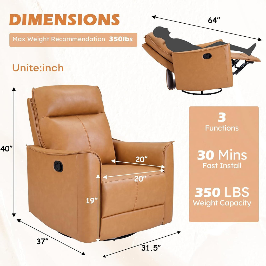 ANJ Manual Swivel Rocker Recliner, Glider Recliners with Padded Armrest and Backrest, Soft Leather Nursery Rocking Recliner Chair Reclining Sofa for Living Room