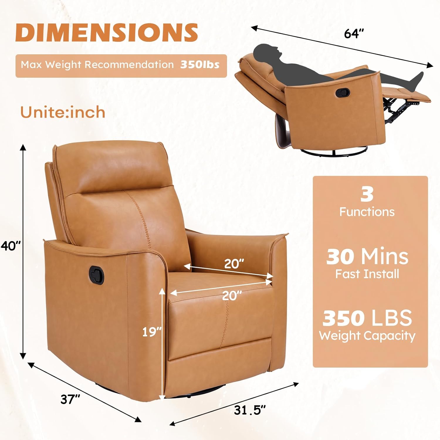ANJ Manual Swivel Rocker Recliner, Glider Recliners with Padded Armrest and Backrest, Soft Leather Nursery Rocking Recliner Chair Reclining Sofa for Living Room