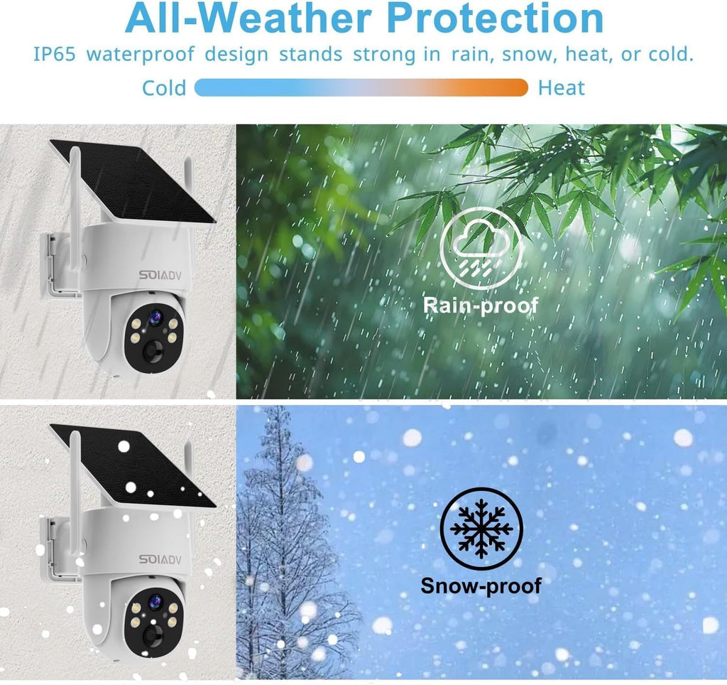 SOIADV 4Pack Solar Security Camera Wireless Outdoor with 360°View, 2K Color Night Vision, PTZ Camera for Home Security, Battery Powered, Two Way Audio, Motion Detection, PIR Alarm, IP65 Weatherproof