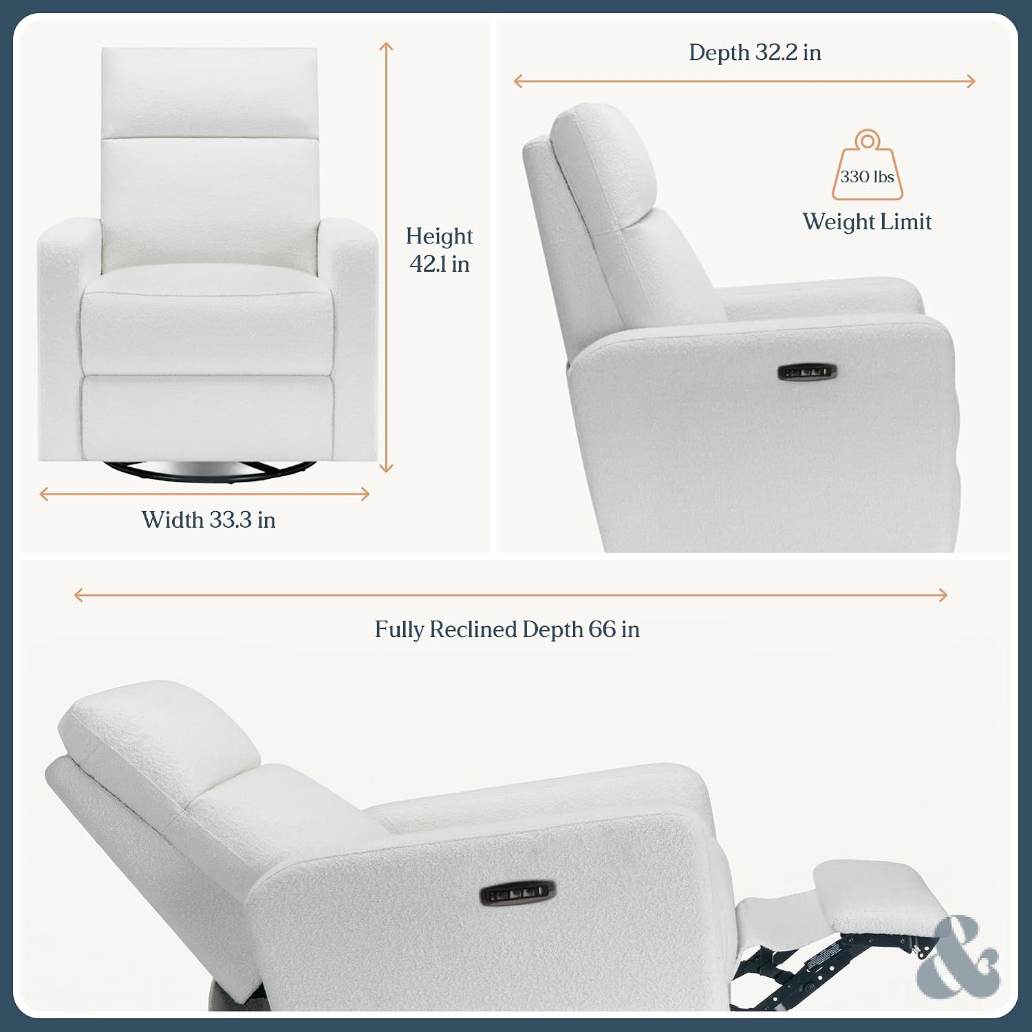 Nurture& The Glider Plus - Premium Nursery Power Recliner | Swivel Chair with Adjustable Head Support and Adjustable Lumbar Support | Built-in USB - The Ultimate Comfort for Nursing, Relaxing (Boucle)
