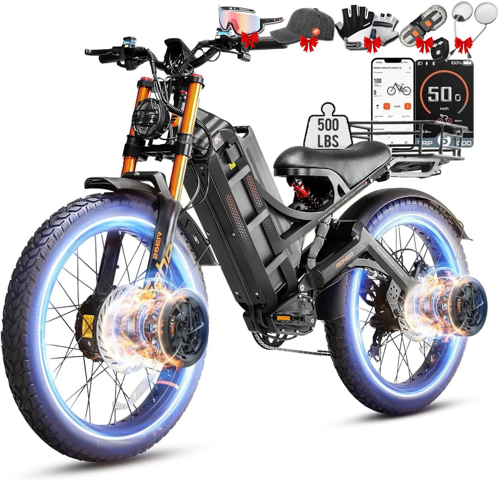 eAhora Romeo Pro 3 Electric Bike - [2026 Latest] 50MPH 5600W Dual Motor 60V 80AH 250Miles Long Range Ebike for Adults, 26' * 4.0 Fat Tire Fast Electric Mountain Bike Full Suspension Off-Road E-Bike