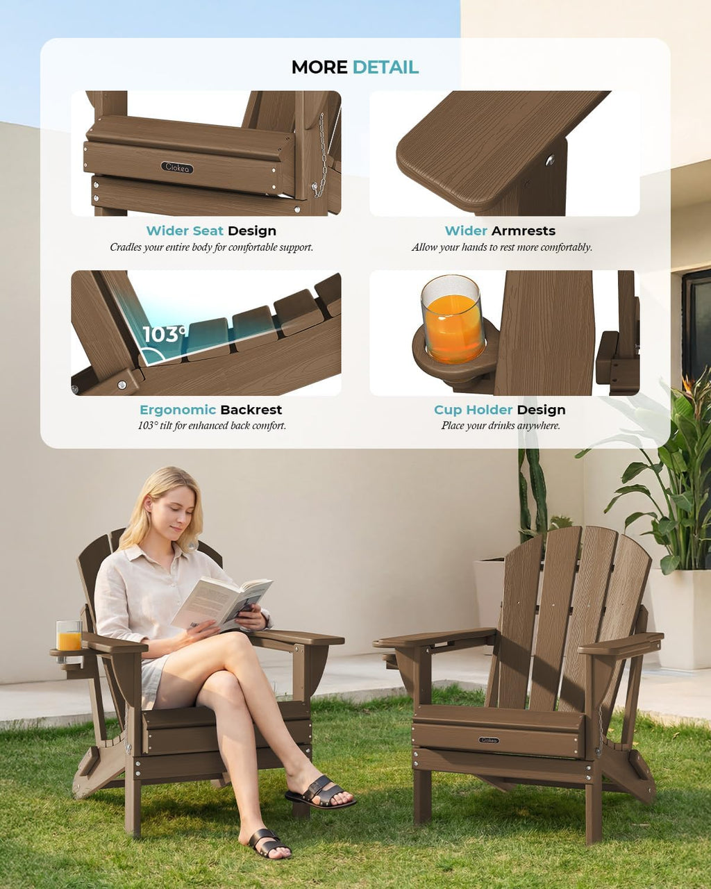 Ciokea Folding Adirondack Chair Wood Texture, Patio Adirondack Chair Weather Resistant, Plastic Fire Pit Chair with Cup Holder, Lawn Chair for Outdoor Porch Garden Backyard Deck, Brown