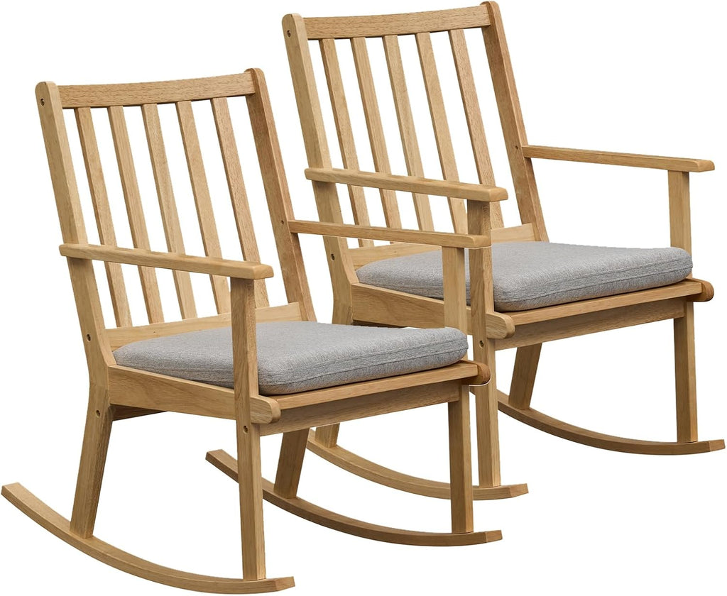 Giantex Rocking Chair with Cushion, Solid Rubber Wood Rocker w/Slatted High Back & Padded Seat, Indoor Rustic Accent Armchair for Living Room, Bedroom, Study, Nursery, Patio, Natural (2)