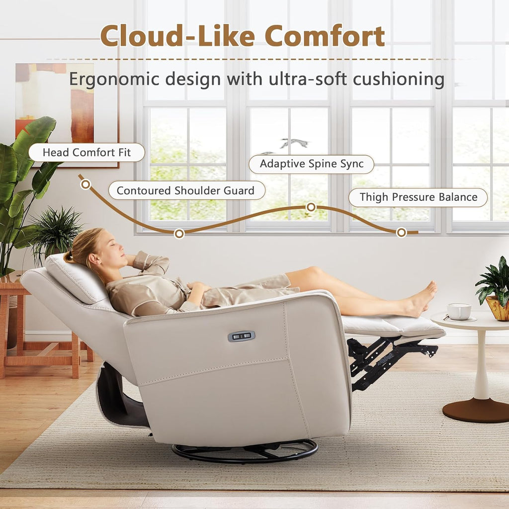 ANJ Power Swivel Recliner Chair,Rocking Chair Nursery with USB Port, Rocker Reclining Chair with Upholstered,Faux Leather Glider Rocking Chairs for Living Room, Bedroom, Cream White