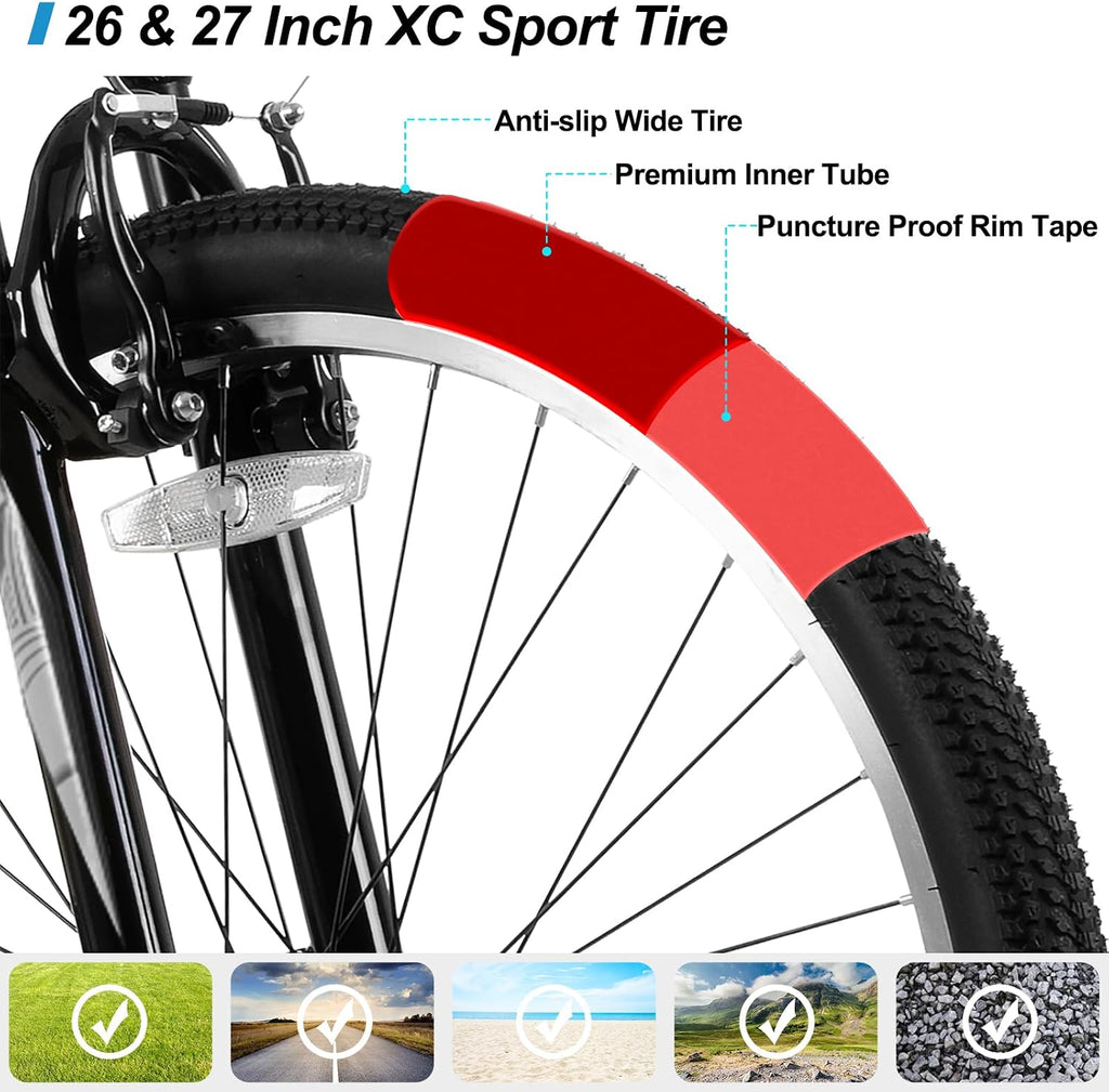 HILAND 26 27.5 29 Inch Mountain Bike, Mens Womens MTB with 21 Speeds, High-Tensile Steel Frame, V Brake, Hardtail Bicycle for Adults