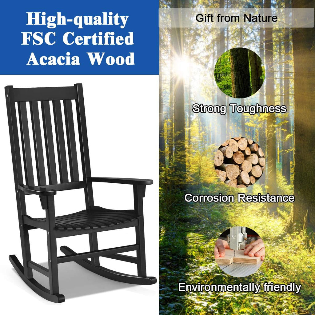 Tangkula Acacia Wood Porch Rocking Chair Set, Wooden Rocking Chair Rocker with High Back & Armrest for Indoor Outdoor Use, Patio Rocker for Garden Lawn Balcony Backyard Poolside (2, Black)