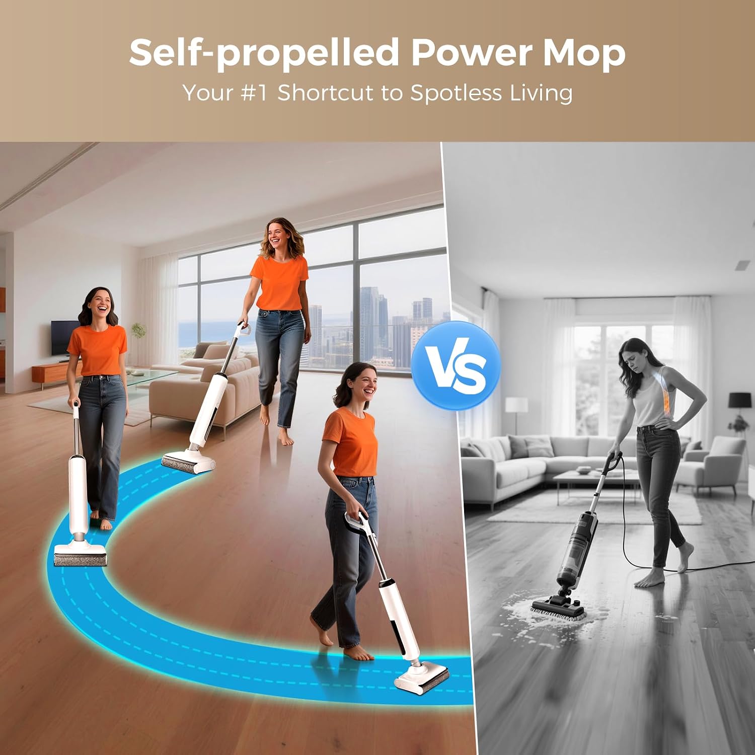 Wet Dry Vacuum Mop - Self-Cleaning Floor Washer with 180°Lie-Flat & 0 Hair Tangle, Self-Propelled Edge Cleaning, 60Min Runtime, Designed for Pet Hair, Kids' Spills & Daily Household Cleaning