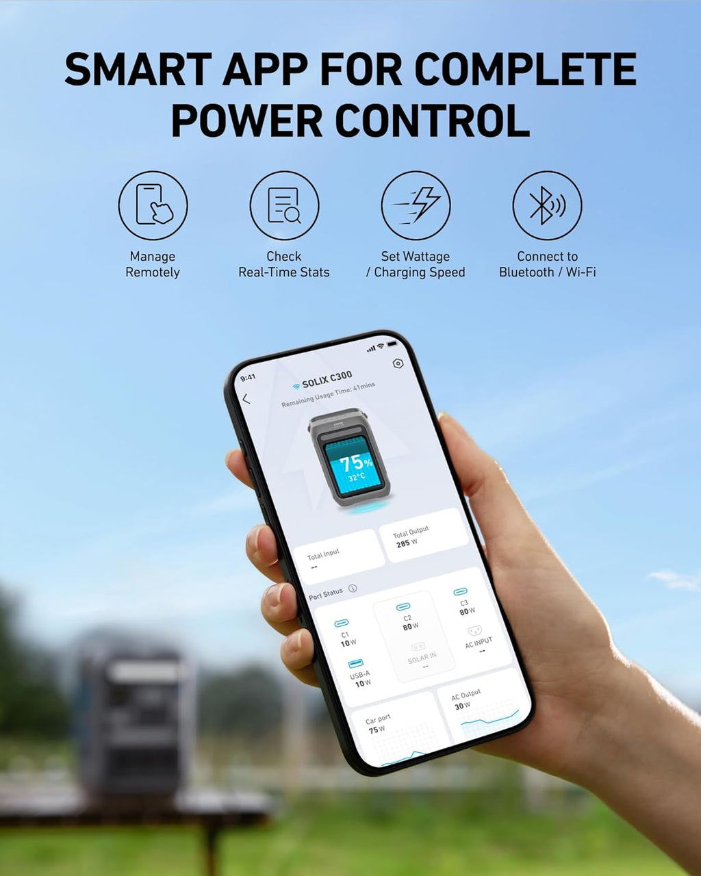 Anker SOLIX C300 Portable Power Station with Car Charging Cable, Outdoor 288Wh LiFePO4 Battery, 300W (600W Surge) Solar Generator, 140W Two-Way Fast Charging, for Camping, Traveling, and Emergencies.