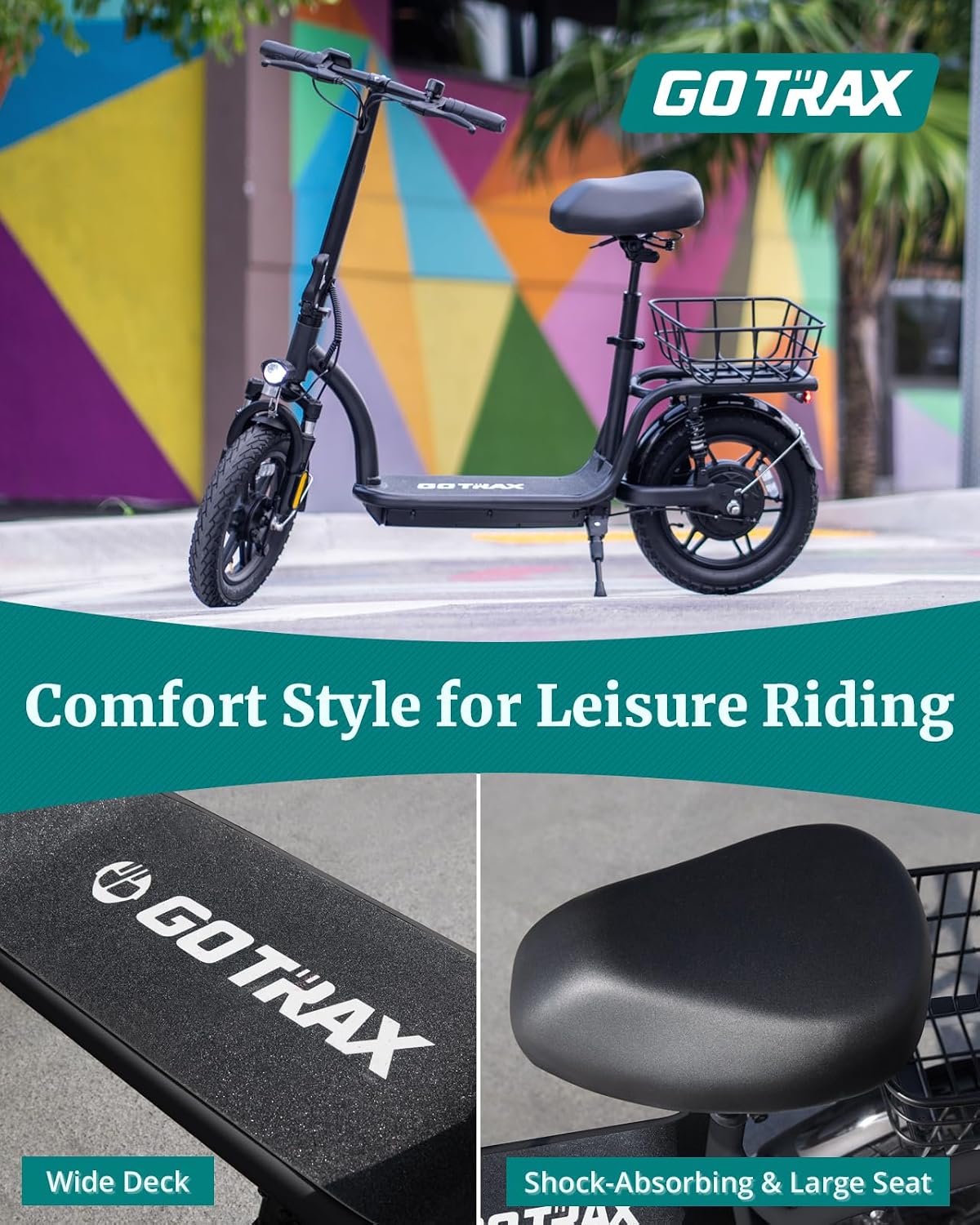 Gotrax Adult Electric Scooter with Seat, Max 19-25miles Range, 15.5-20mph Power by 350W-500W Motor, All-Terrain Tire & Wider Deck & Soft Cushioning Seat with Carry Basket