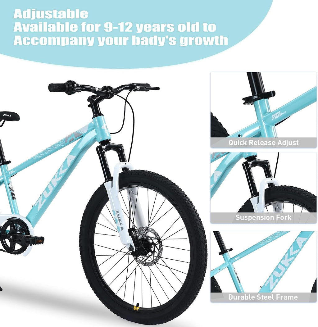 Kids Mountain Bike, 20 24 Inch Kids Bike for Boys Girls Age 7-12 Years, High Carbon Steel Bicycle, Suspension Fork, Dual Disc Brakes, Single Speed, Multiple Colors