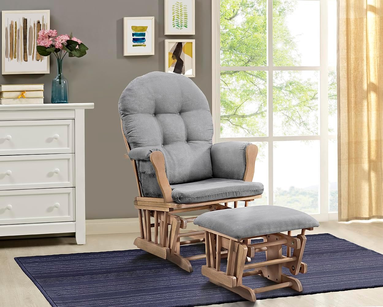 Angel Line Grayson Glider and Ottoman Set, Natural Wood with Gray Cushions, Enclosed Metal Bearings, Storage Pockets, Removable Cushions