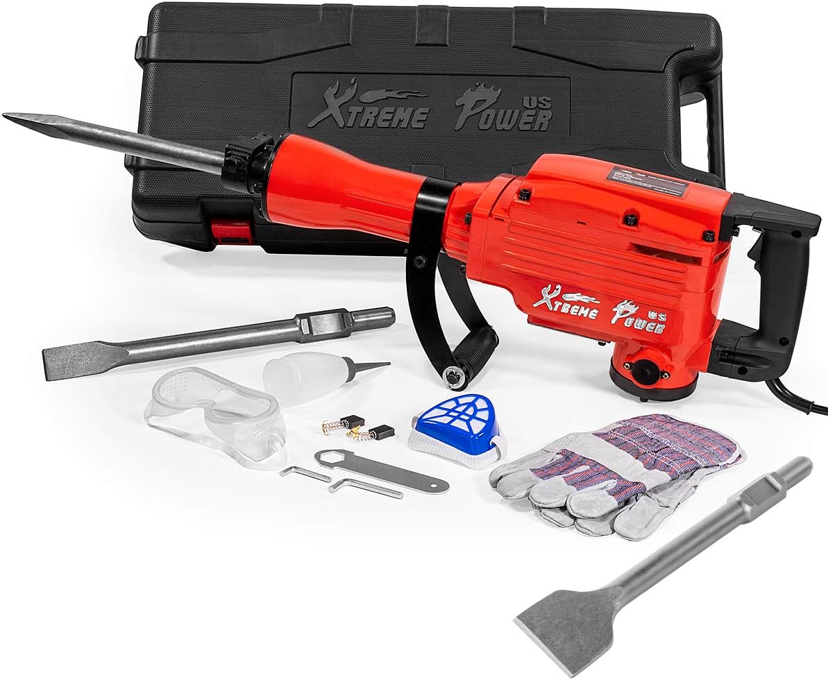XtremepowerUS 2200W Demolition Electric Jack Hammer Chisel Heavy Duty DIY Demo Floor Scrap Cement Concrete Breaker Punch Drill Set Include (Point, Flat and Scraping Bit)
