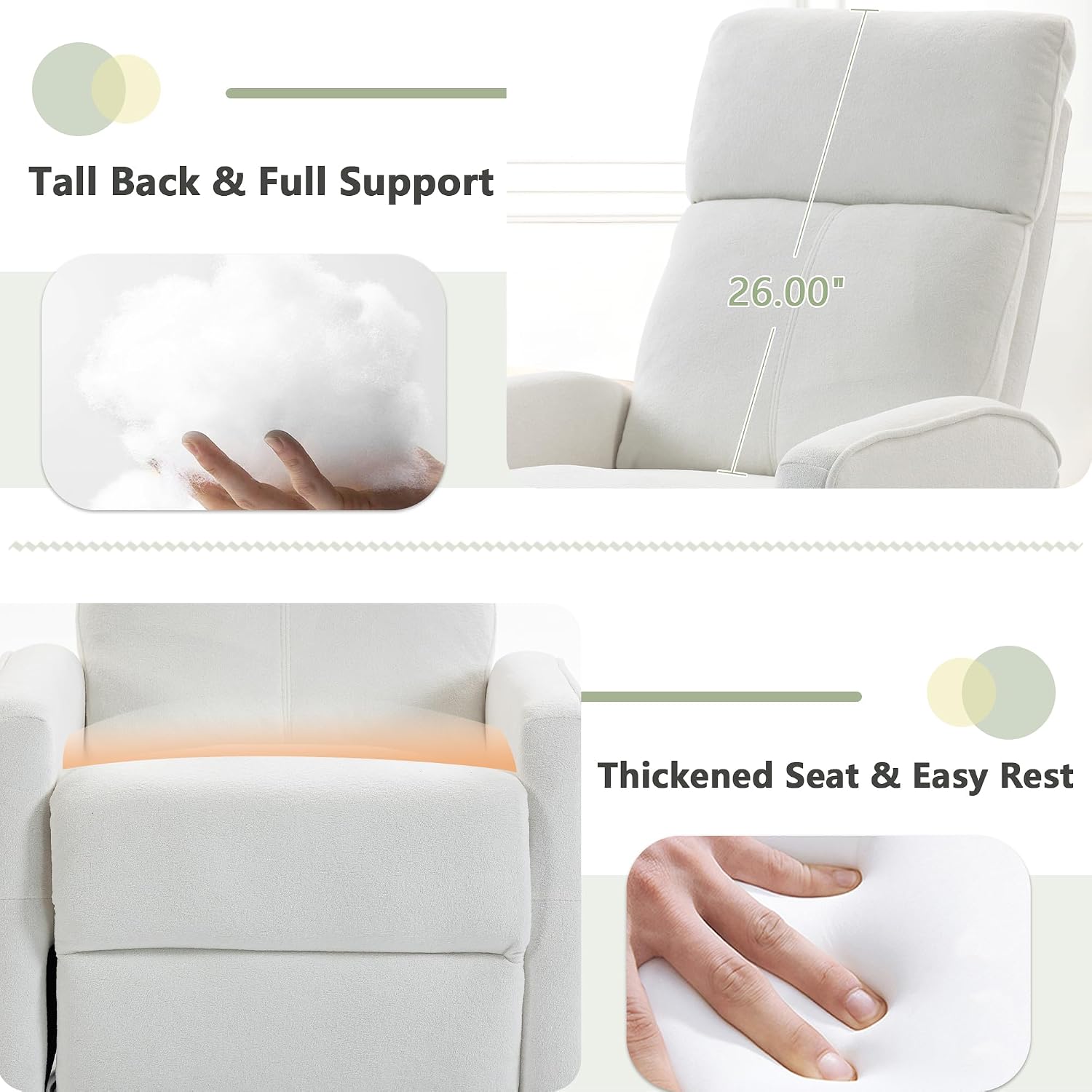 cinkehome Heated Massage Swivel Rocker Recliner Chair for Nursery - Small Space Reclining Chair with Lumbar Support, 360° Swivel & Gentle Rocking, Ergonomic High Back Short Plush Cream White