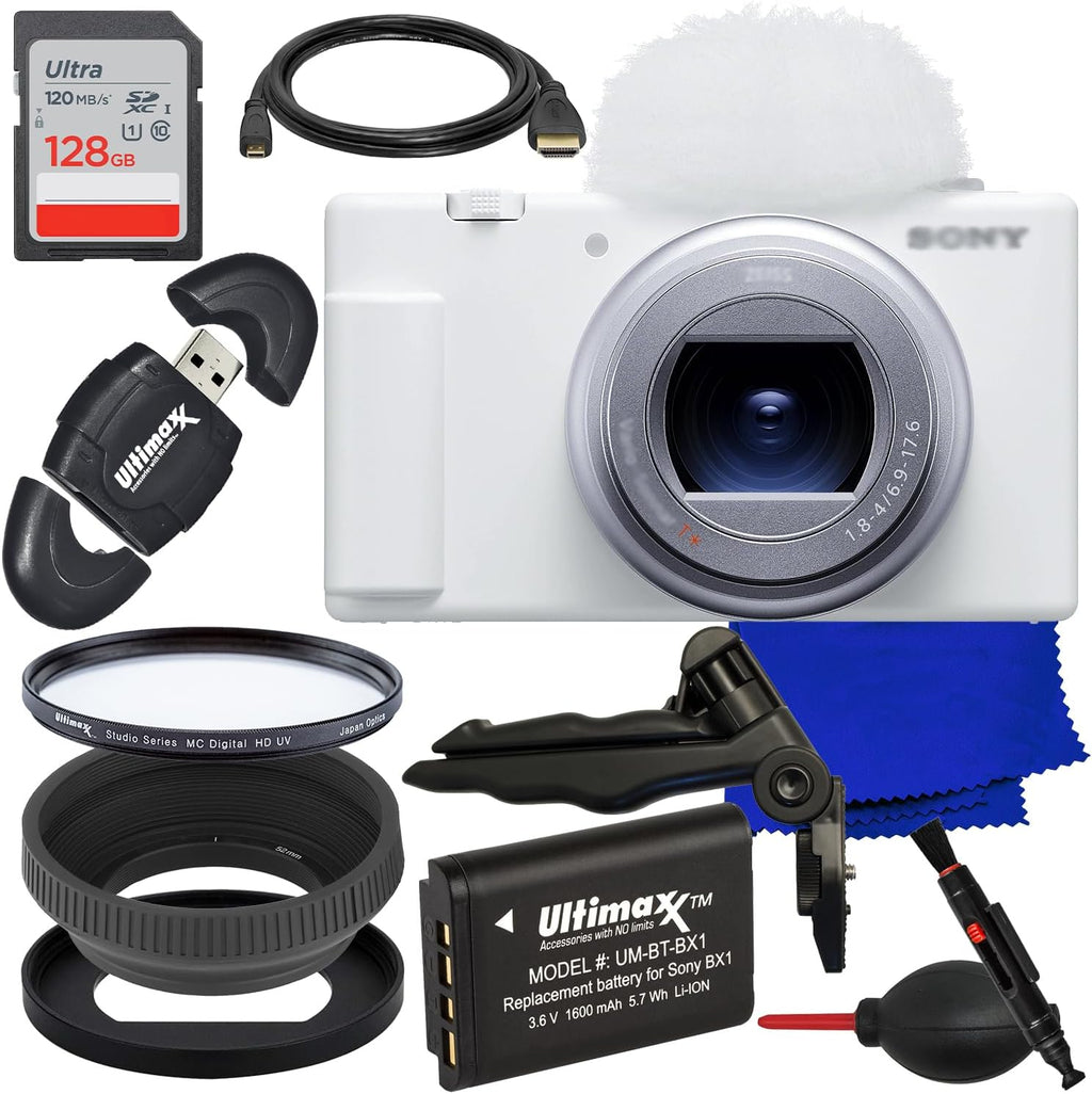 Ultimaxx Essential Sony ZV-1 II Digital Camera Bundle (White) - Includes: 128GB Ultra Memory Card, Replacement Battery, Adapter Ring for Filters, Protective UV Filter, 6.5' Tripod & More (15pc Bundle)