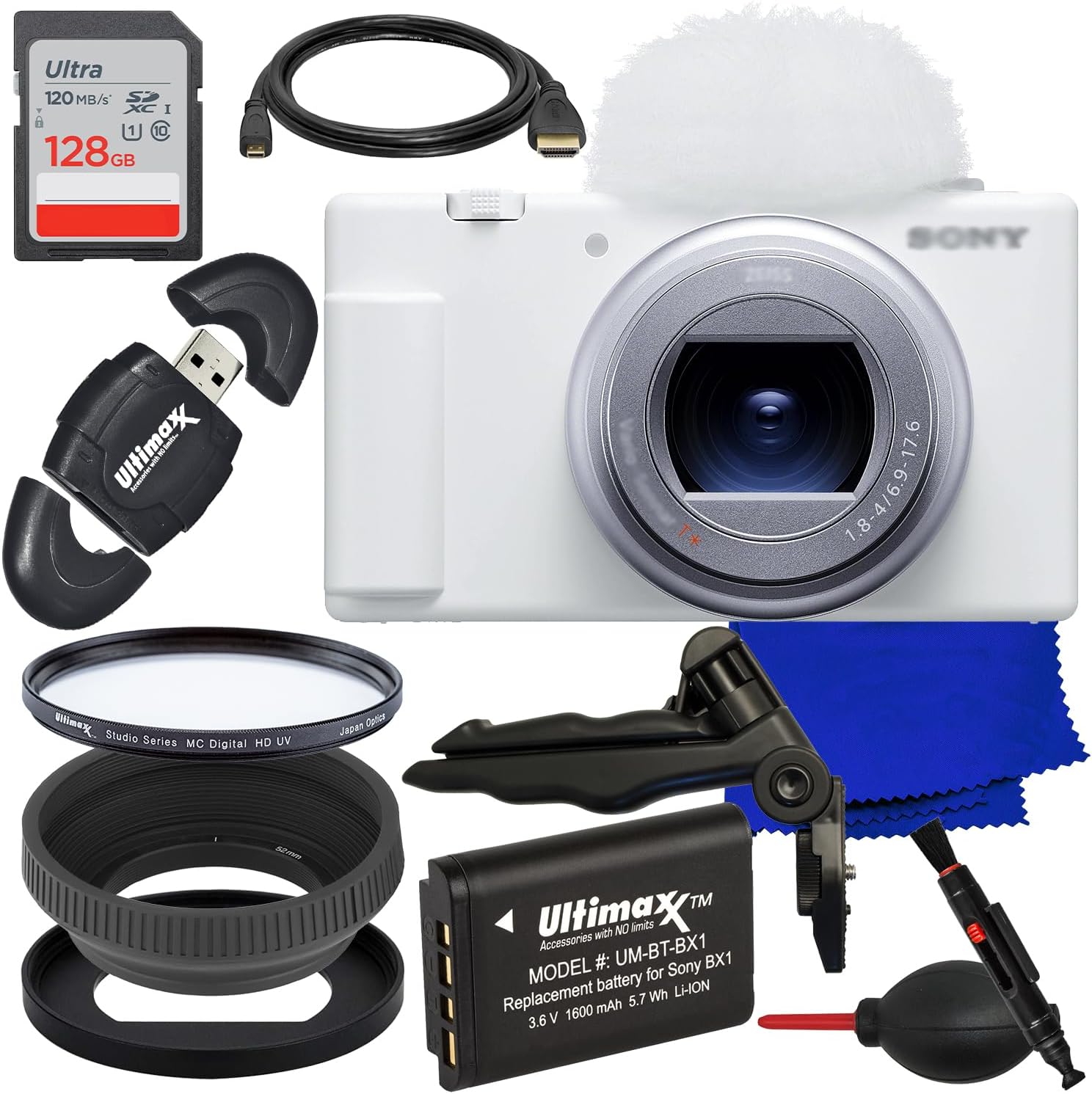 Ultimaxx Essential Sony ZV-1 II Digital Camera Bundle (White) - Includes: 128GB Ultra Memory Card, Replacement Battery, Adapter Ring for Filters, Protective UV Filter, 6.5' Tripod & More (15pc Bundle)