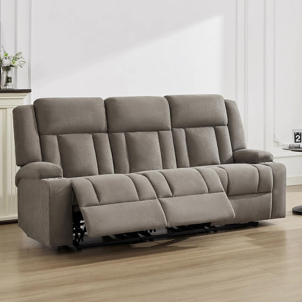 Recliner Sofa with Cup Holders, 3-Seater Fabric Reclining Couch, Manual Recliner Wall Hugger for Living Room, Home Theater, Small Spaces (Light Brown)